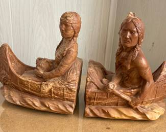 Universal Statuary Native Americans in Canoe Bookends. 1960s
