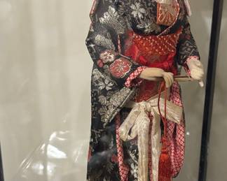 Vintage Geisha Japanese Doll encased in glass  with  Silk Kimono