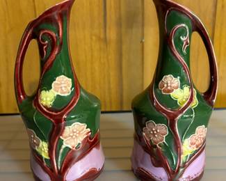 Small Antique Majolica Pitcher Bud Vase Set of 2