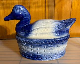 Blue and White Duck on a Basket Cookie Jar or Soup Tureen