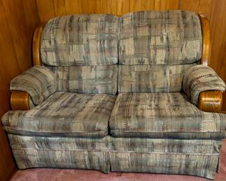 Broyhill Loveseat with Wood Accents. Very comfortable, just needs a little cleaning. No tears or real wear for its age! 