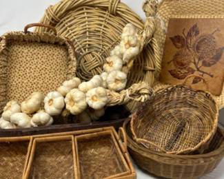 Assorted baskets and hanging garlic