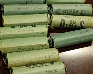Mercury dimes for sale by roll. 117 dollars per roll do not know date ranges
Must request from cased area
