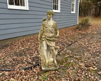 Y8 - $1200. PAIR of 44" tall concrete statues. Diana & Dog and Apollo the Hunter & his Dog. HEAVY Concrete statues. Gorgeous vintage condition. 