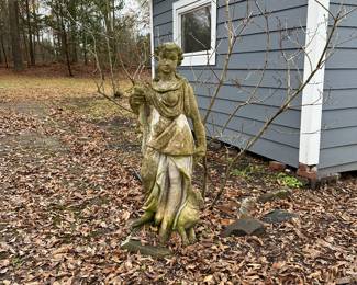 Y8 - $1200. PAIR of 44" tall concrete statues. Diana & Dog and Apollo the Hunter & his Dog. HEAVY Concrete statues. Gorgeous vintage condition. 