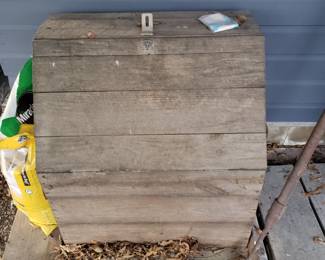 C17 - $50. Wooden Storage Box. Measures 30.5" wide x 33" tall on back x 20.5" deep. 