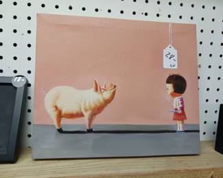 Little girl with a knife and a pig original painting