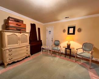 Bedroom 1 | 1950s mid-century provincial dresser, vintage pair of silk upholstered armchairs, a handpainted mid-century chinoiserie lamp, and an elegant day-bed frame.