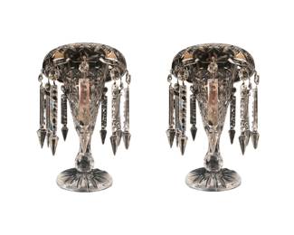 Dining Room | RARE, SIGNED sparkling c1860 hand-blown cut crystal vases each with 10 hanging spear prisms.