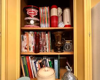 Kitchen | Vintage Christmas/Holiday cookbooks and storage containers.
