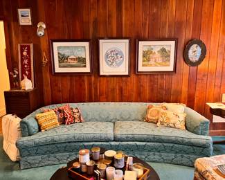 Family Room | Above the vintage green damask sofa hang two beautiful framed watercolor paintings of the historic Kiokee Baptist Church.