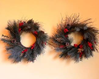 Christmas Decor | A matching pair of berry and pinecone wreaths, lightly flocked.