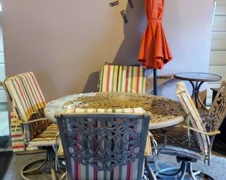 Outdoor Furniture Set: Table, 4 Chairs w/ Cushions, Umbrella Stand and Umbrella