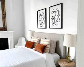 upholstered bed, mirror (wicker side table NFS)