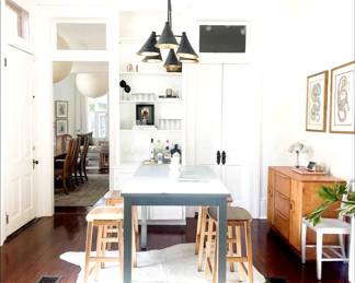 blue breakfast table, stools, chandelier (cowhide NFS)