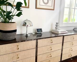 2 vintage gloss + seagrass buffets, pictured side by side. misc items. snakes and silver lamp NFS