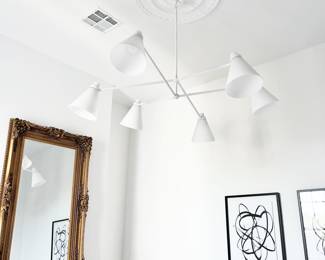 large light fixture, art, vintage gold leaf mirror