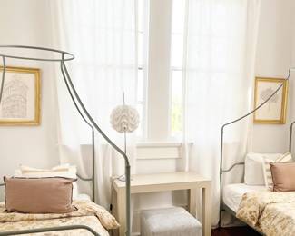 more draperies upstairs, vintage parsons table, ottoman (beds/lamp TBD)