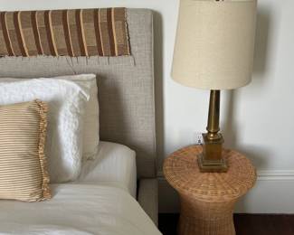 queen upholstered bed, vintage lamp,