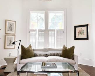 coffee table, sofa, pillows, side table