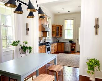 blue breakfast table, stools, chandelier, kitchen cabinets, kitchen appliances, wall sconces (jute rug unavailable)