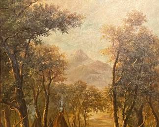 A stunning American Indian camp landscape…WE ALL ADORE THIS LARGE OIL ON CANVAS!