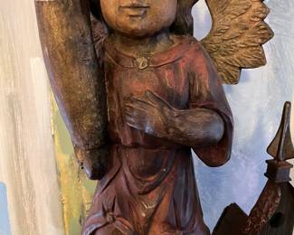 Hand carved and painted large wooden Santos angel figurine…OLD