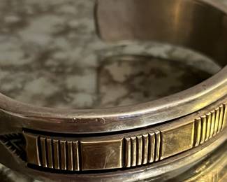Extremely heaving sterling men’s cuff with thick 14k gold bar…Navajo signed circa 1970
