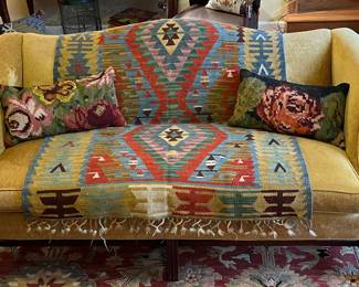 Custom recently reupholstered English Chippendale sofa in gold velvet!  Upholstery in beautiful condition and a wonderful size!