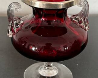 LOETZ signed cranberry vase with sterling collar 