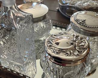 Victorian cut glass and sterling dresser jars