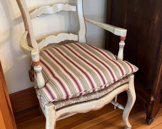 Pair French hand painted walnut chairs with rush seats and custom cushions!