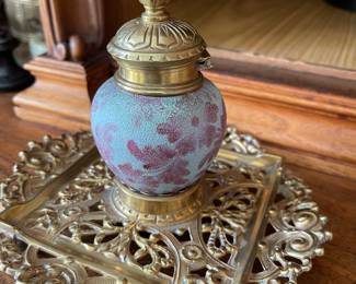 Beautiful Vintage Art Nouveau Stone & Brass Inkwell … this is a beautiful piece