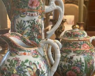 Antique 19thC Rose Medallion three piece tea set from MS Rau.