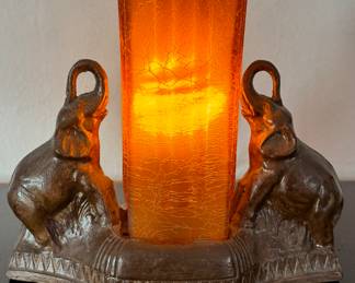 Art Deco bronze and copper double elephant lamp with original shade