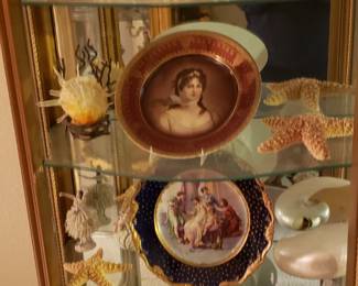 Tall curio cabinet with my collections inside. All for sale, sadly. Cabinet has curved glass door.