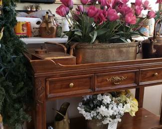 Wooden server with lower shelf. Top has lip around shelf.