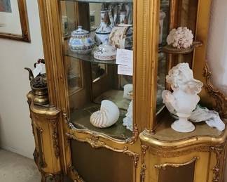 SHOWPIECE CABINET Perfect for dining room, hallway. Gold leaf from France. Open shelves on each side. Photo inlay on top section. A unique elegant piece!