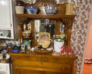 Oak Sideboard and Stoneware
