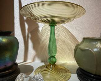 Early Steuben compote and Steuben crystal chicken figurine