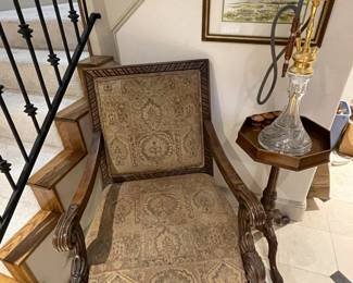 Maitland Smith walnut fern stand and carved walnut chair and a crystal hookah.