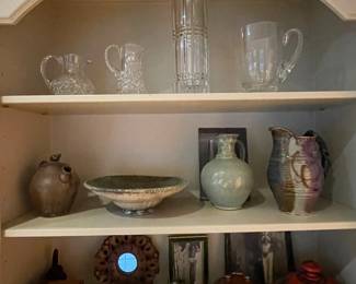 French, Spanish, Japanese Raku art pottery with artist booklets, 2 Antique English 19th Century tea caddies.   Greek and antique Moroccan red wooden box