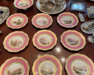 C. 1870's Davenport Dessert set with handpainted landscapes and signed by artists.