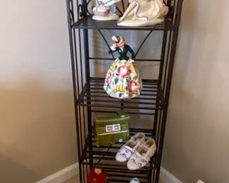 Foldable wrought iron shelf and various vintage decor 