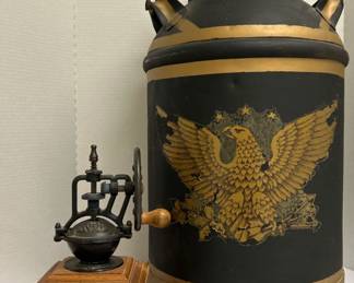 Cast Iron Coffee Grinder & 10 Gallon American Eagle Milk Can