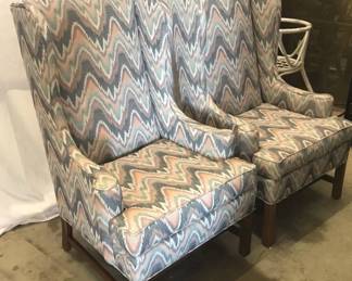 A Pair Of Chippendale Style Flame Stitch Pattern Wing Back Chairs