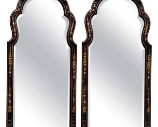 A Pair Of Hand Painted Chinoiserie Arched Top Beveled Mirrors