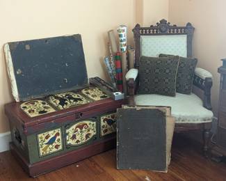 Fabulous painted chest, Eastlake gentlemen's chair