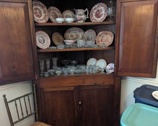 beautiful old corner cabinet, old red transferware