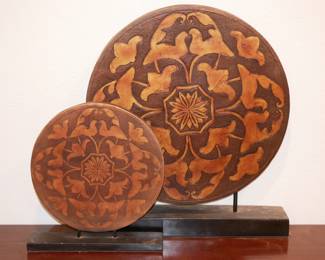 Pair of Decorative Engraved Round Medallion on Stand